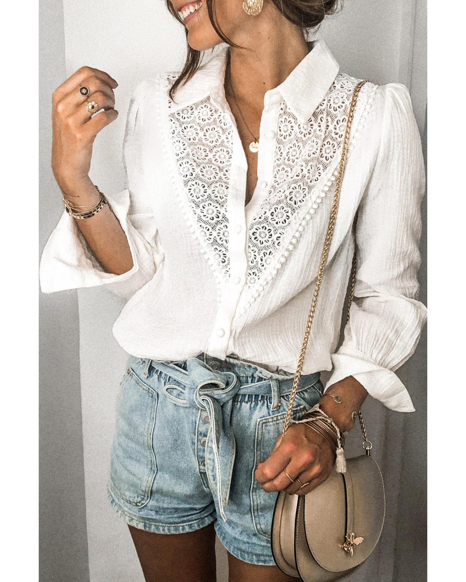 Azura Exchange Lace Hollow-out Splicing Crinkled Shirt - L Main image