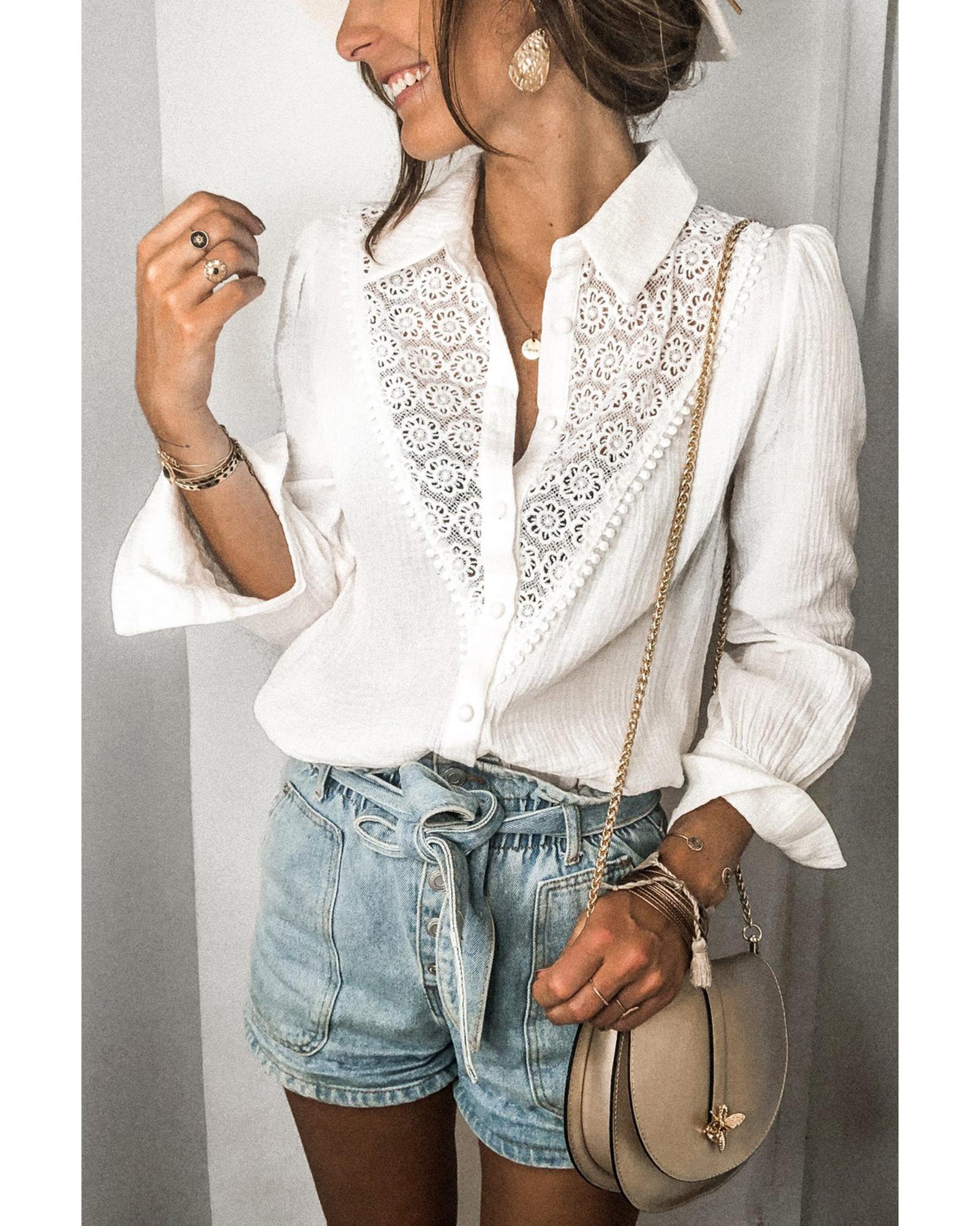 Azura Exchange Lace Hollow-out Splicing Crinkled Shirt - L Secondary image