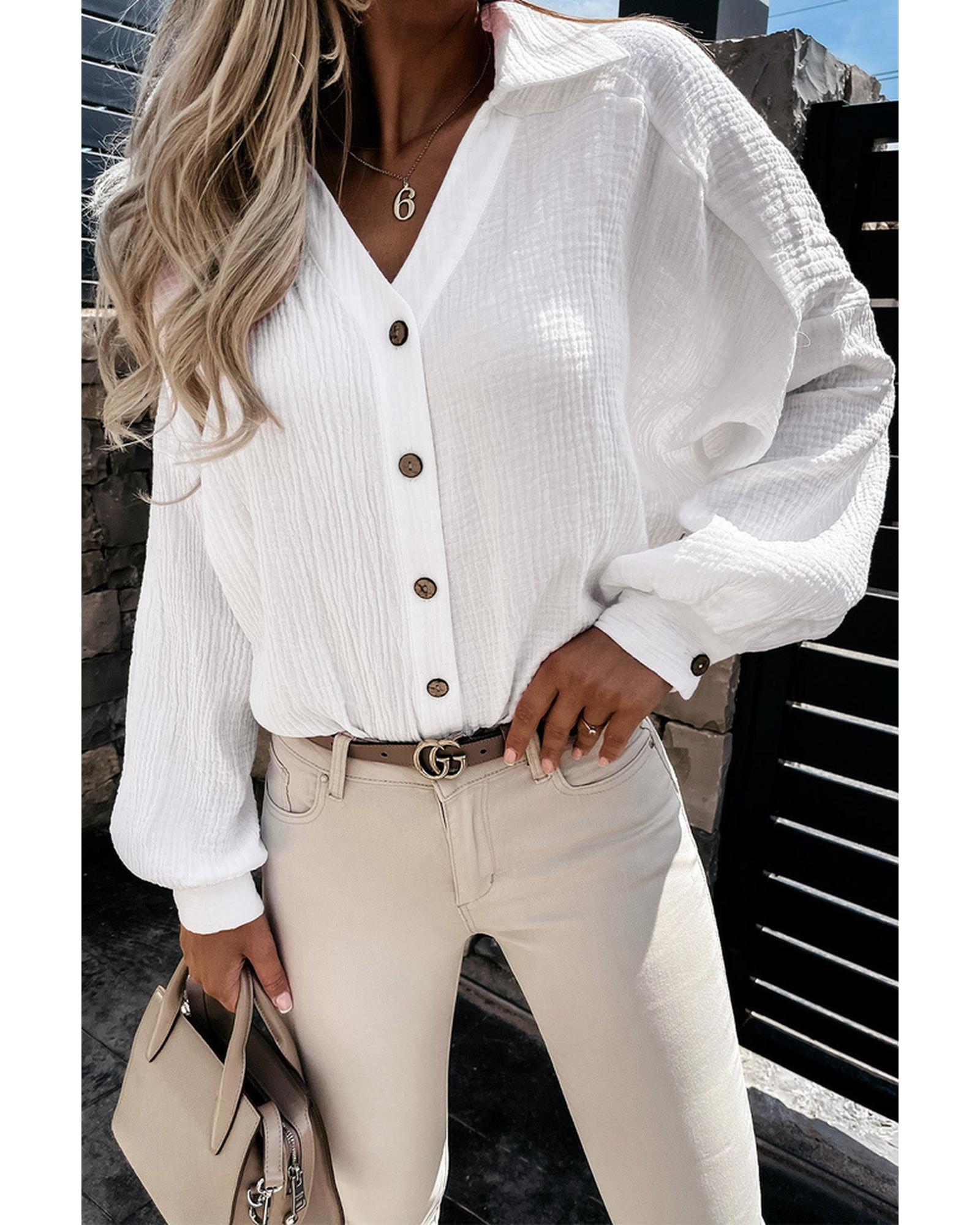 Azura Exchange Crinkled Cuffed Shirt with Turn-down Collar and V-Neck - XL Main image