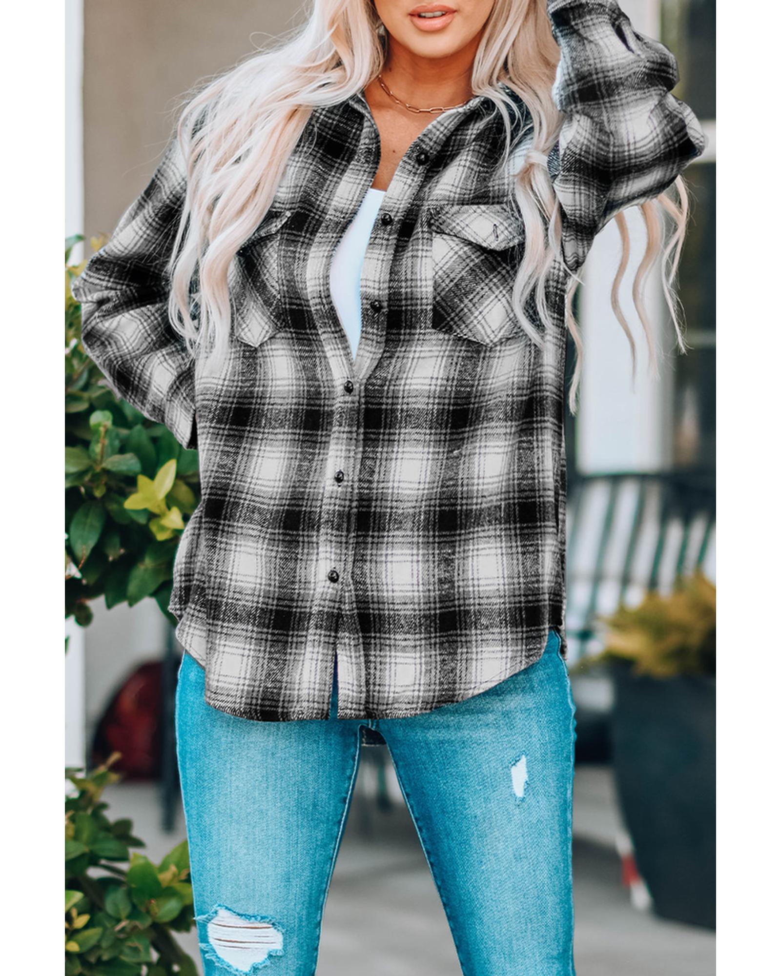 Azura Exchange Plaid Buttons Pocketed Shacket - L Main image