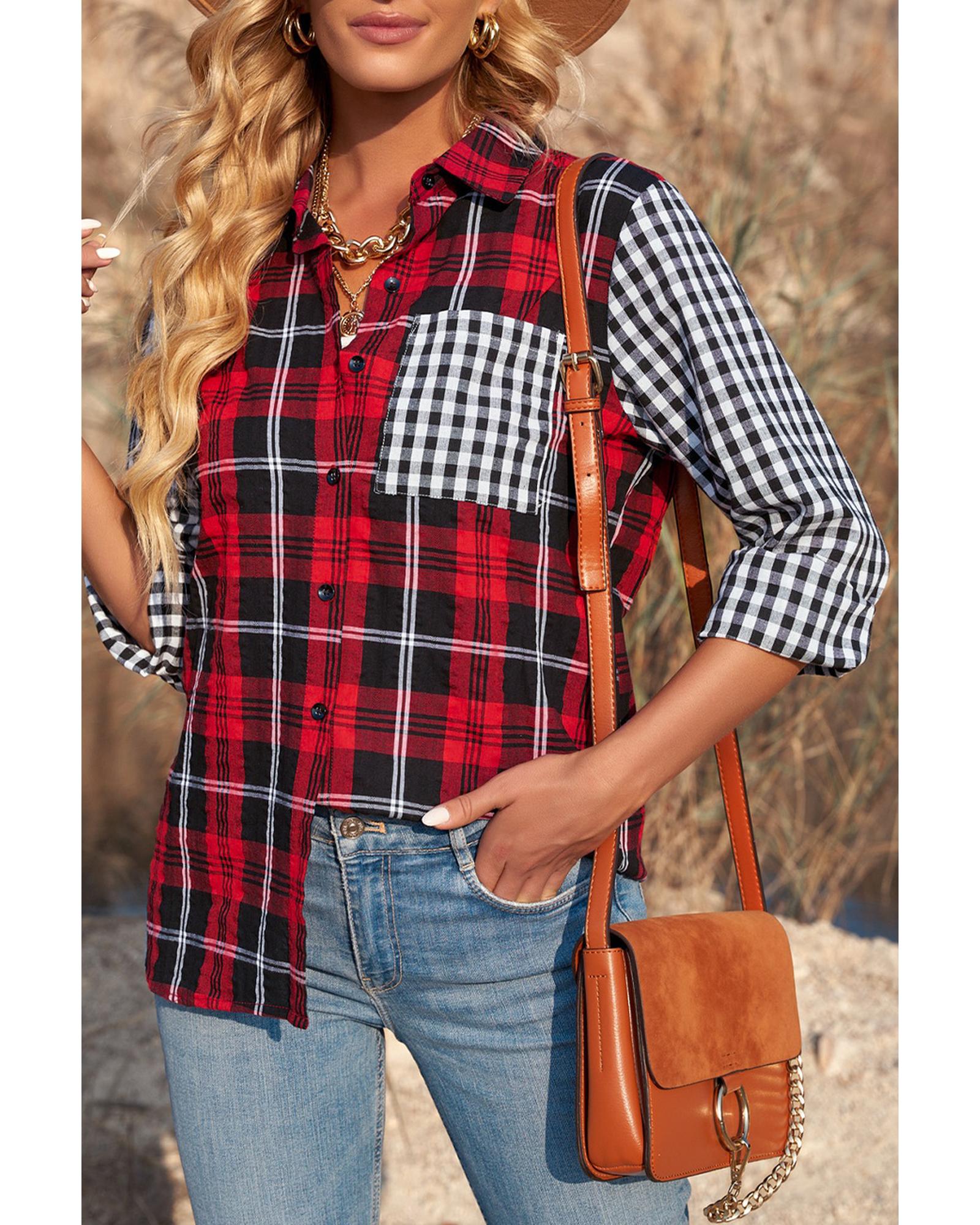 Azura Exchange Plaid Splicing Hit Color Pockets Long Sleeve Shirt - M Main image