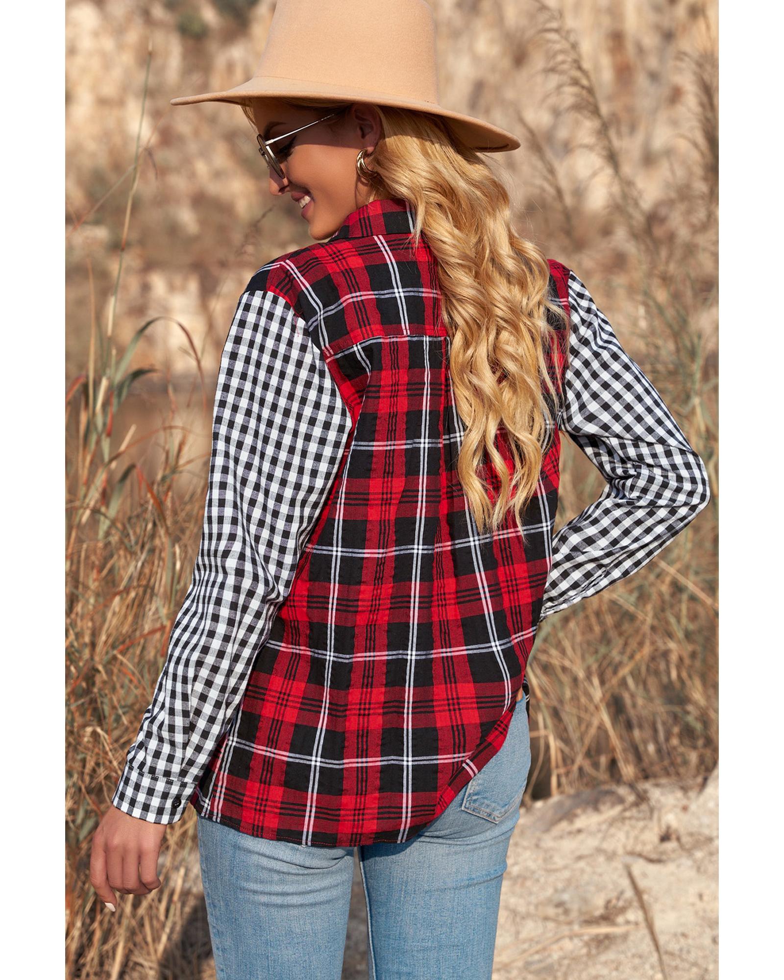 Azura Exchange Plaid Splicing Hit Color Pockets Long Sleeve Shirt - S Secondary image