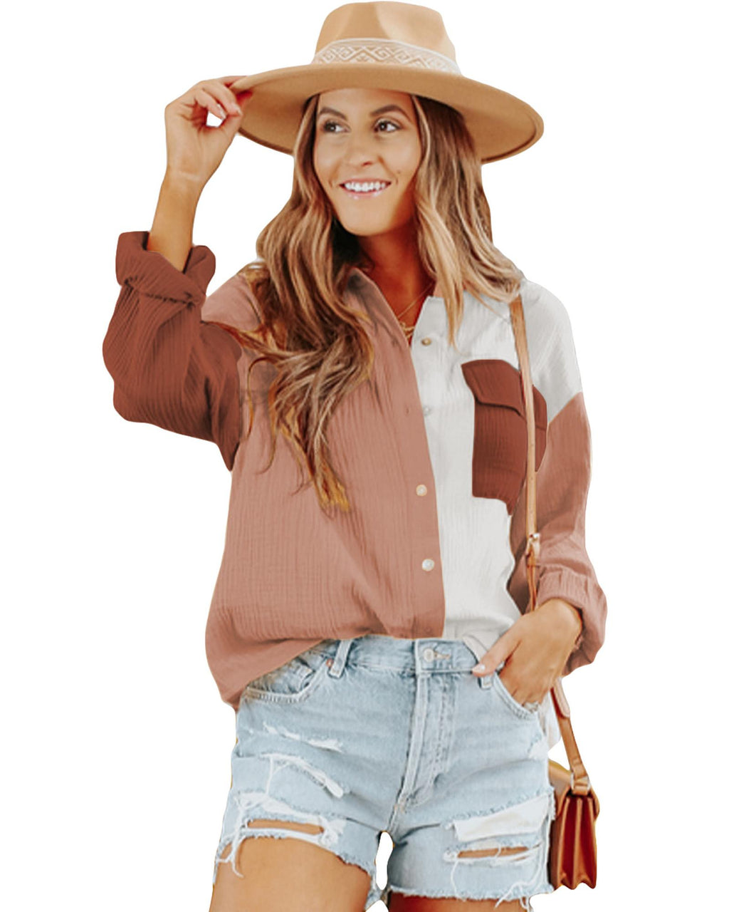 Azura Exchange Textured Color Block Long Sleeve Shirt with Pocket - 2XL