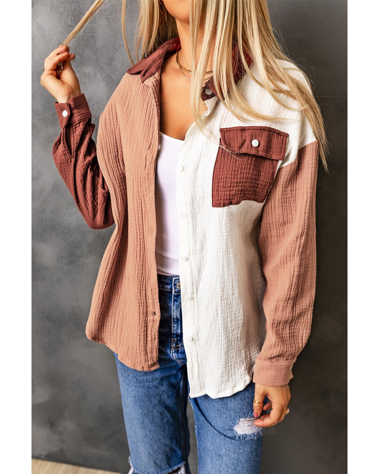 Azura Exchange Textured Color Block Long Sleeve Shirt with Pocket - L Main image