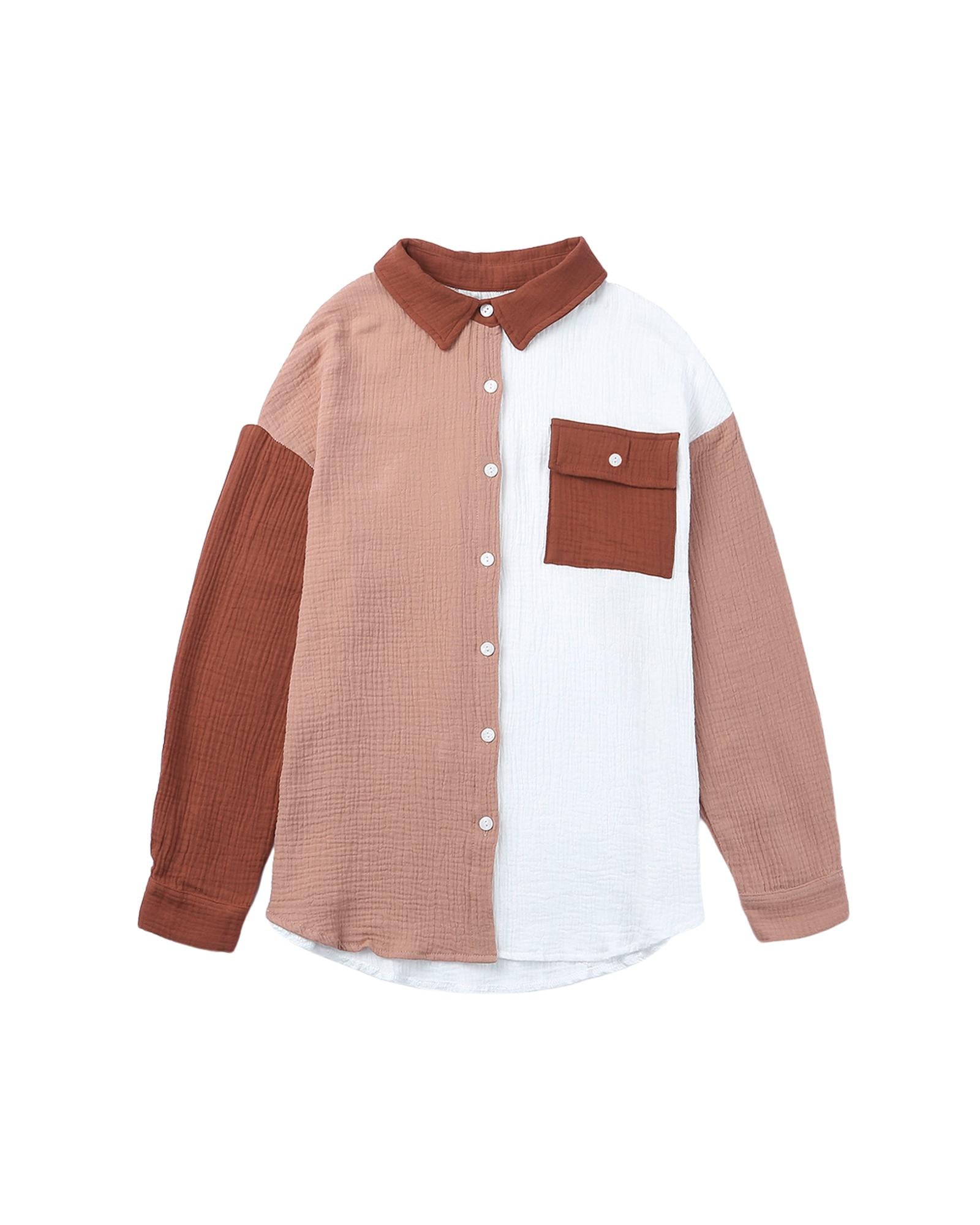 Azura Exchange Textured Color Block Long Sleeve Shirt with Pocket - L