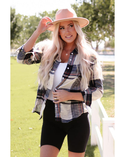 Azura Exchange Plaid Print Shirt with Distressed Raw Edge - L