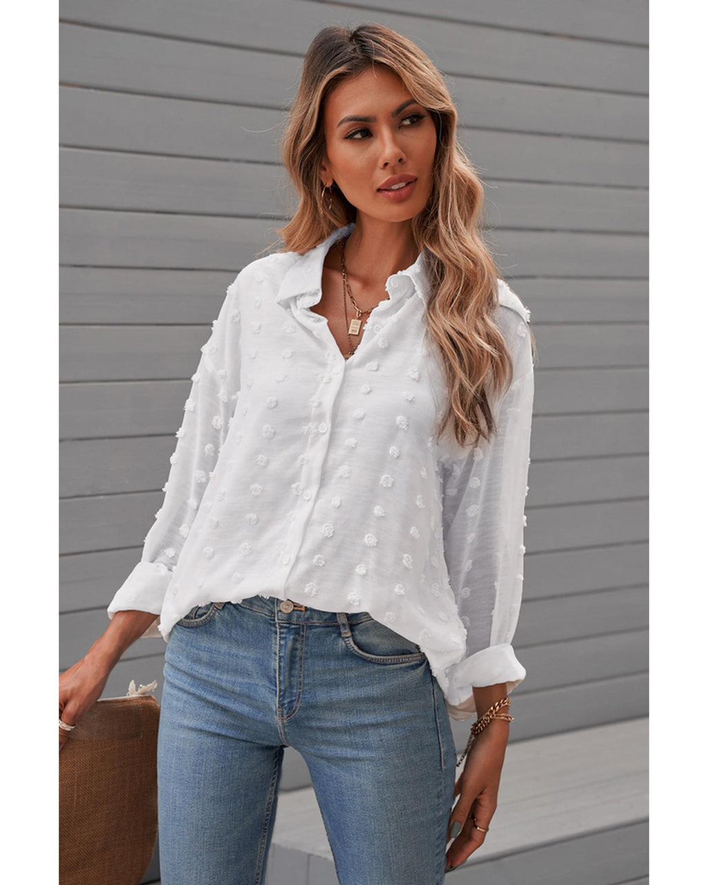 Azura Exchange Button Fuzzy Polka Dot Shirt - L
