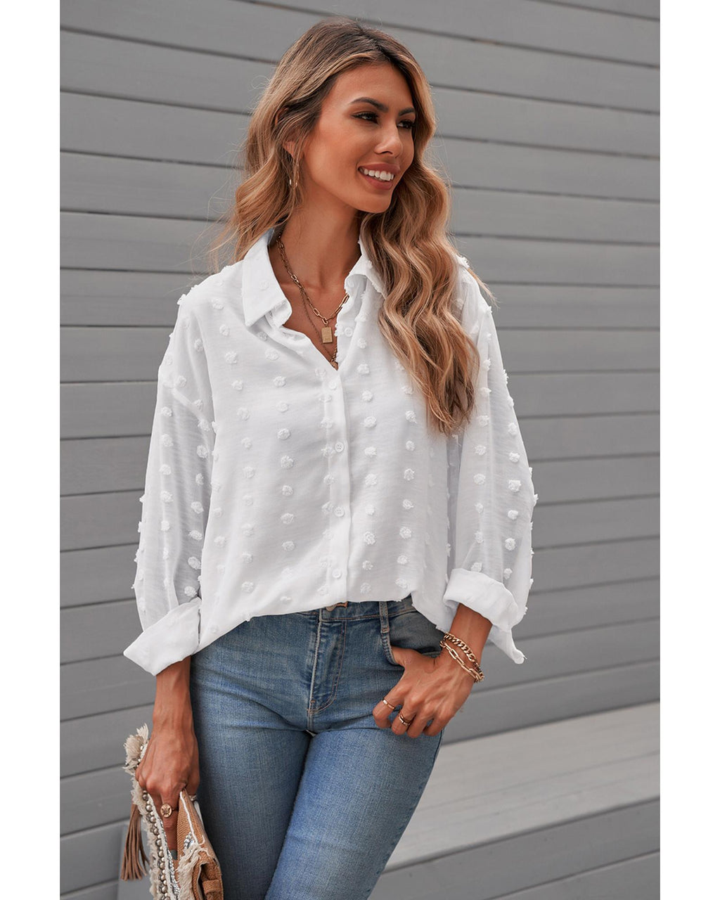 Azura Exchange Button Fuzzy Polka Dot Shirt - L