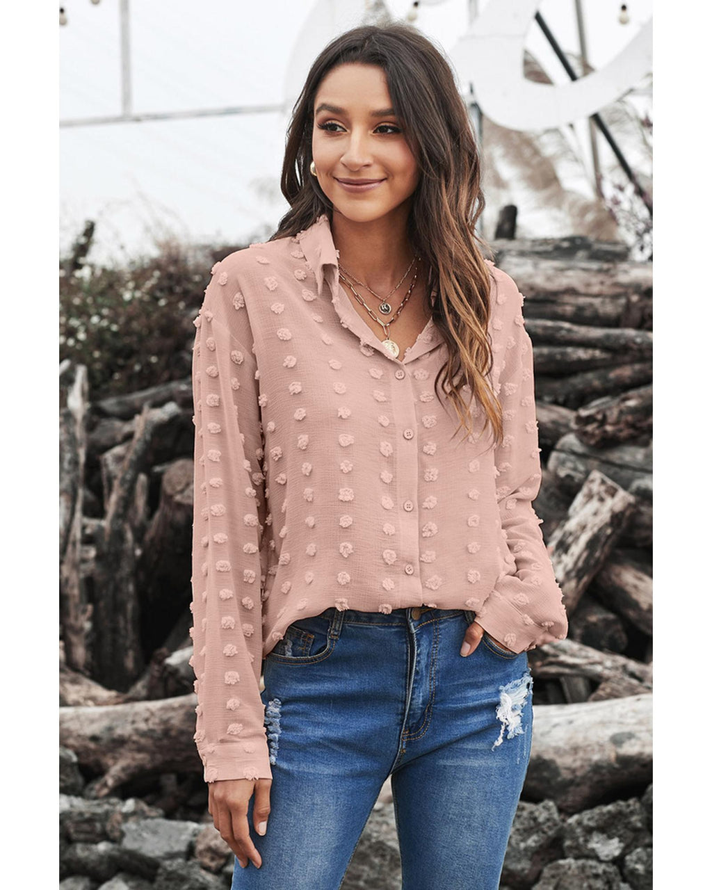 Azura Exchange Button Fuzzy Polka Dot Shirt - M