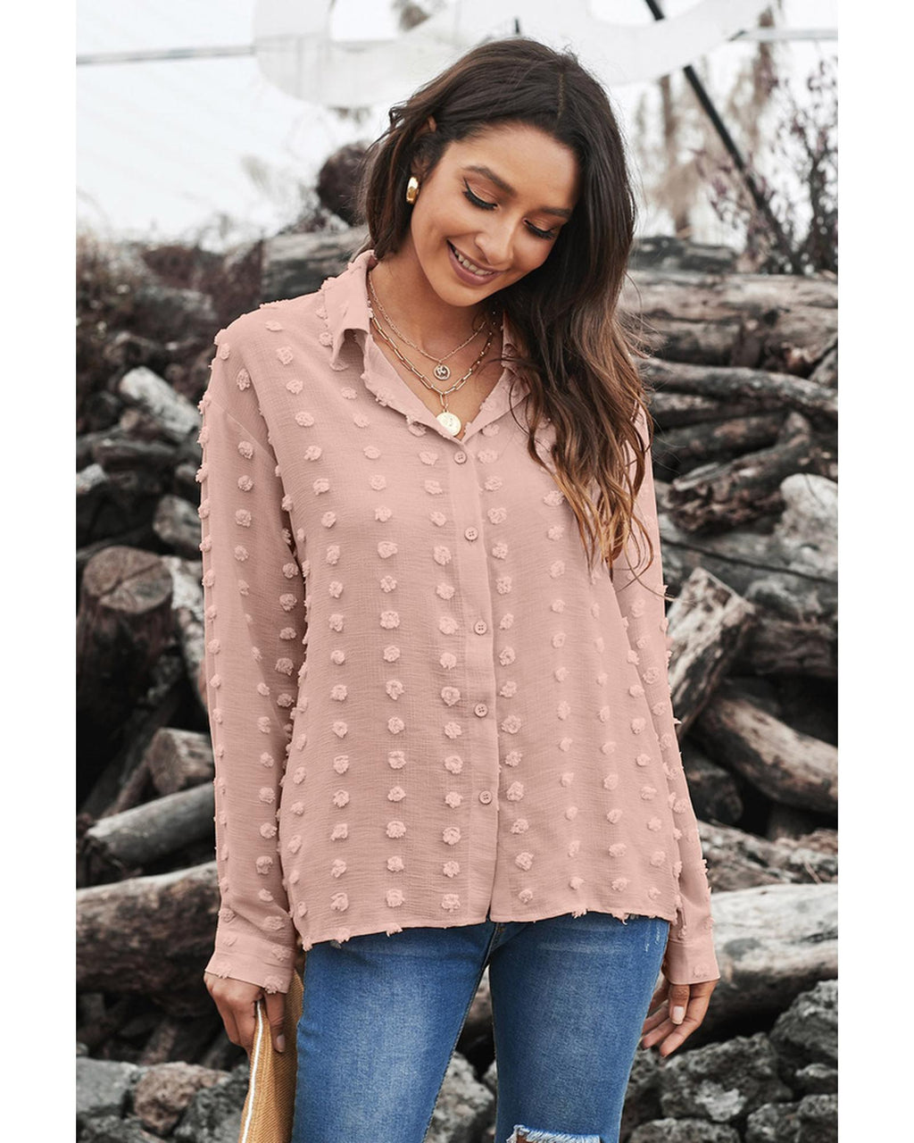 Azura Exchange Button Fuzzy Polka Dot Shirt - M