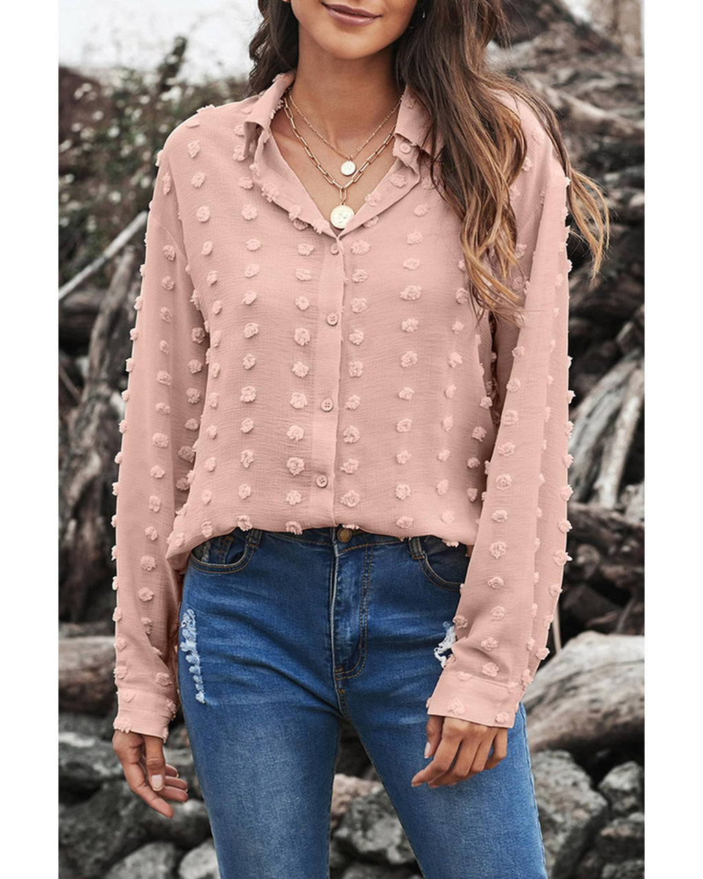 Azura Exchange Button Fuzzy Polka Dot Shirt - M