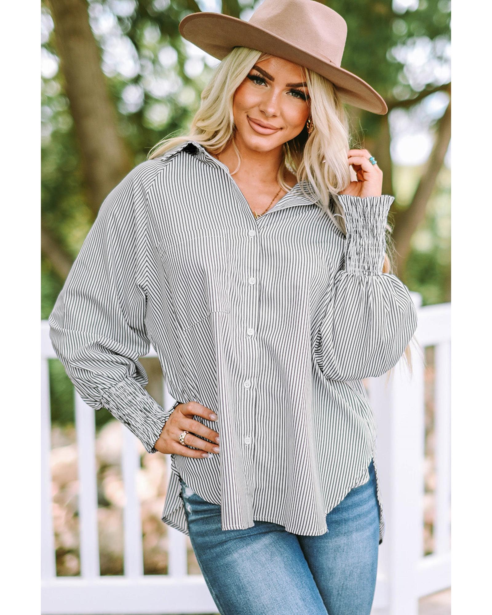 Azura Exchange Striped Boyfriend Shirt with Smocked Cuffs and Pocket - L Main image