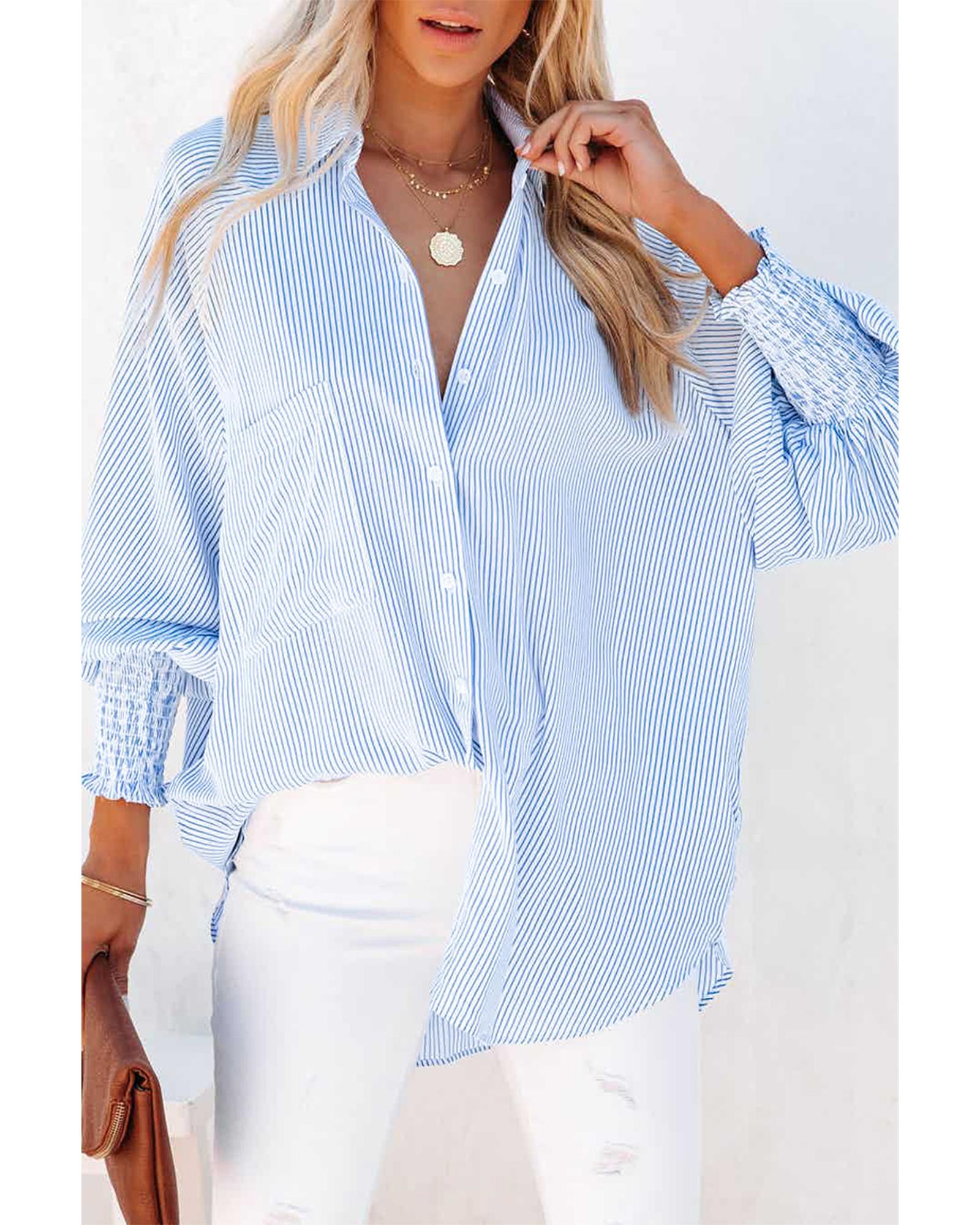 Azura Exchange Striped Boyfriend Shirt with Smocked Cuffs and Pocket - XL Main image