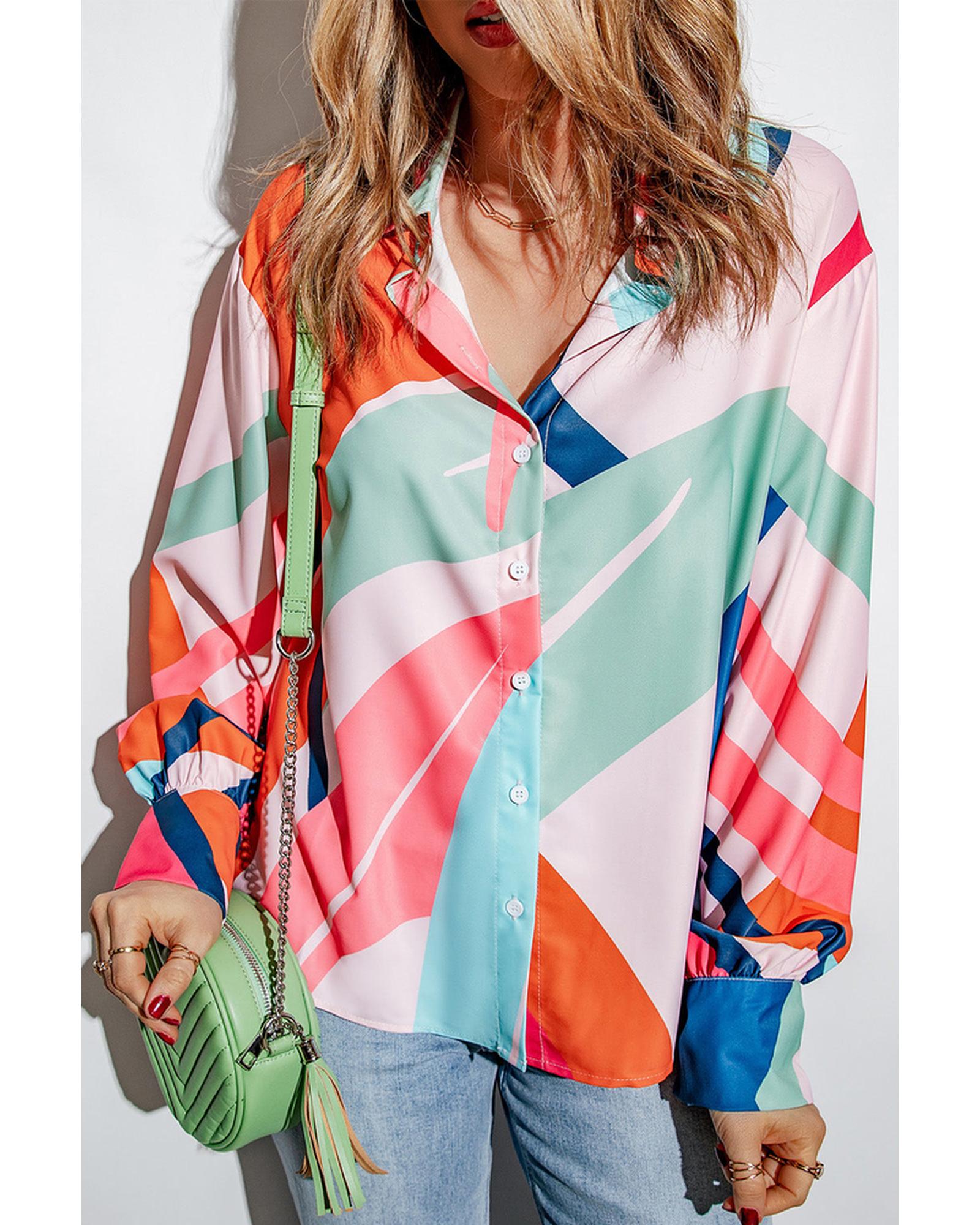 Azura Exchange Abstract Print Cuffed Sleeve Shirt - M