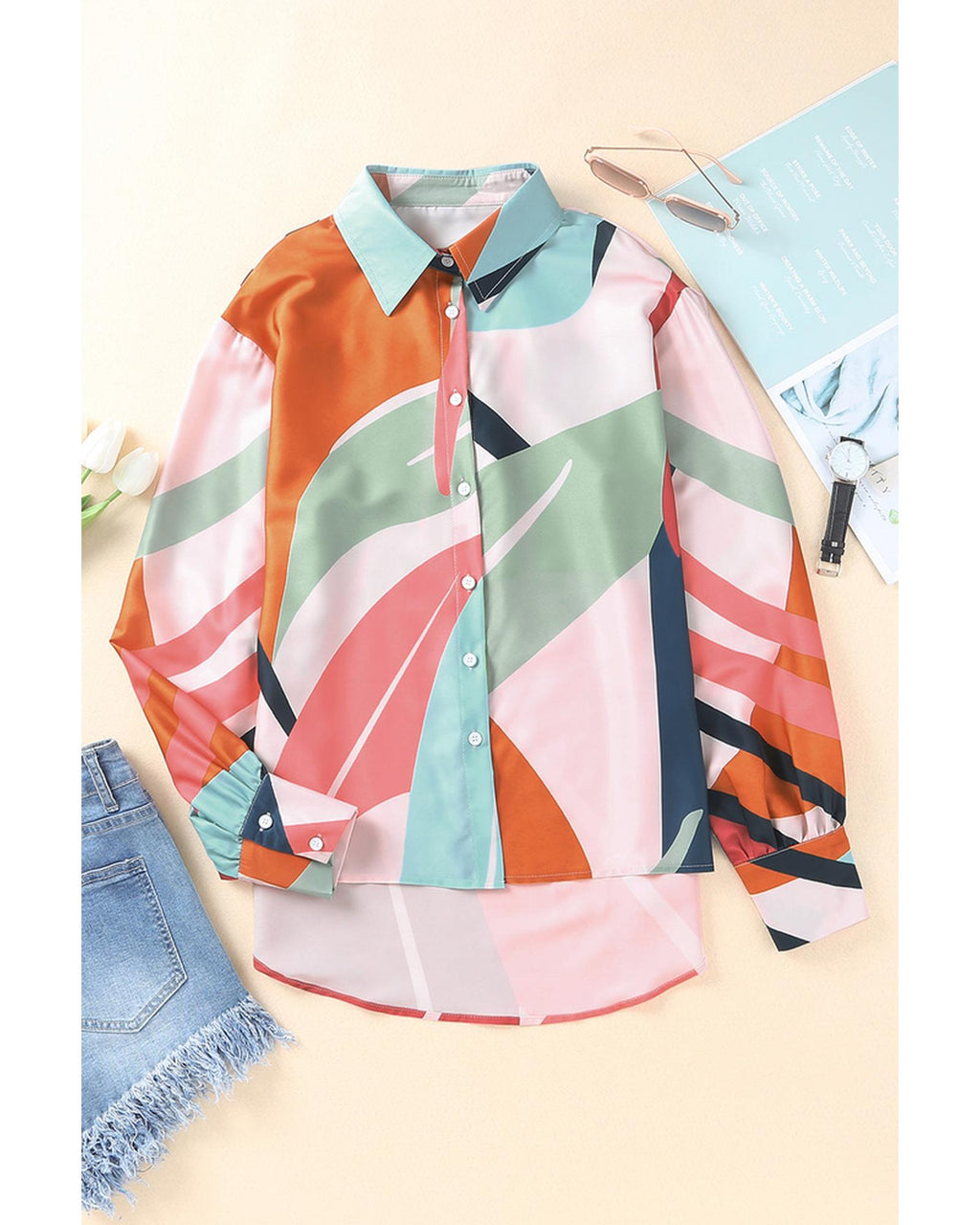 Azura Exchange Abstract Print Cuffed Sleeve Shirt - M
