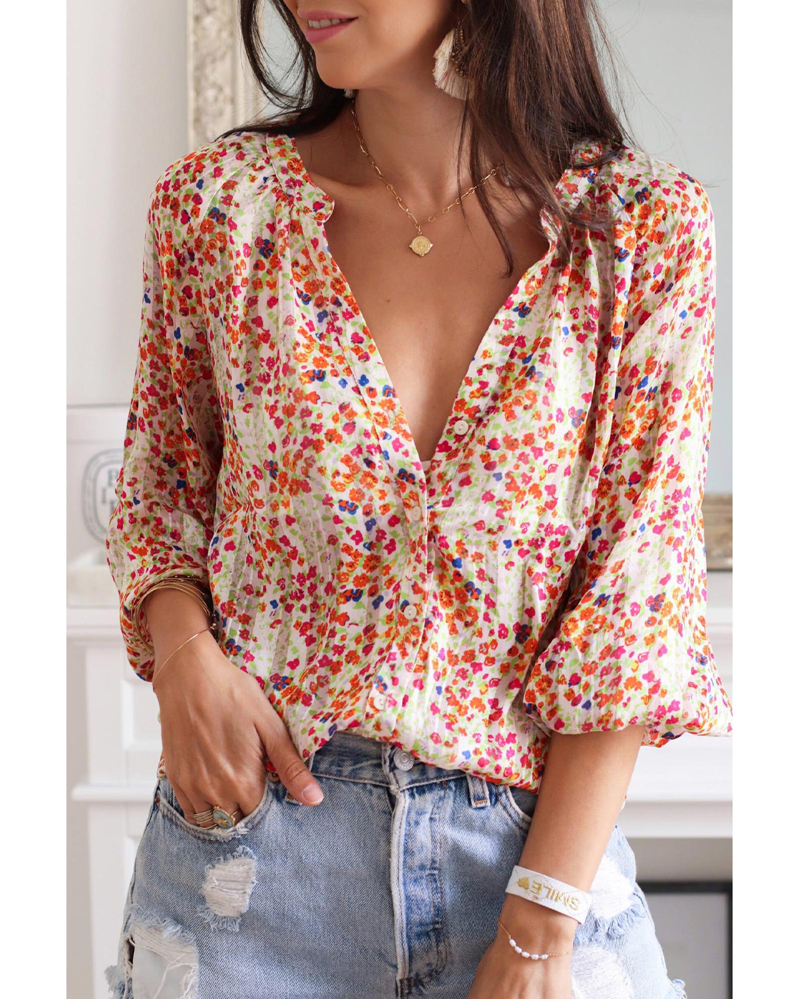 Azura Exchange Boho Floral Print Button Front Shirt - S Main image