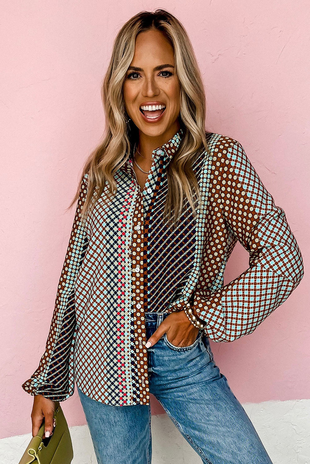 Azura Exchange Long Sleeve Dot Print Button Down Shirt - M Secondary image
