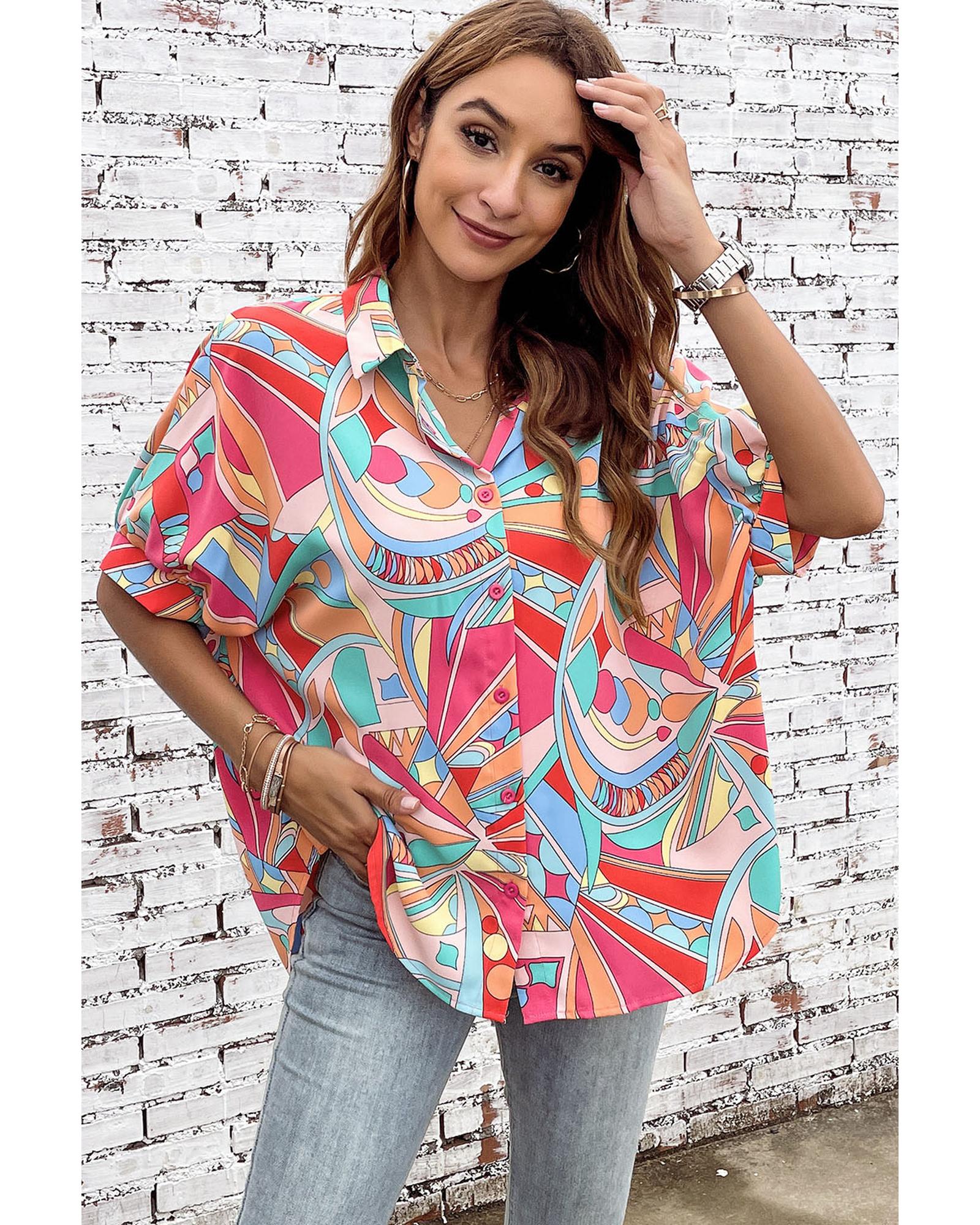 Azura Exchange Abstract Geometry Print Half Puff Sleeve Shirt - L Main image