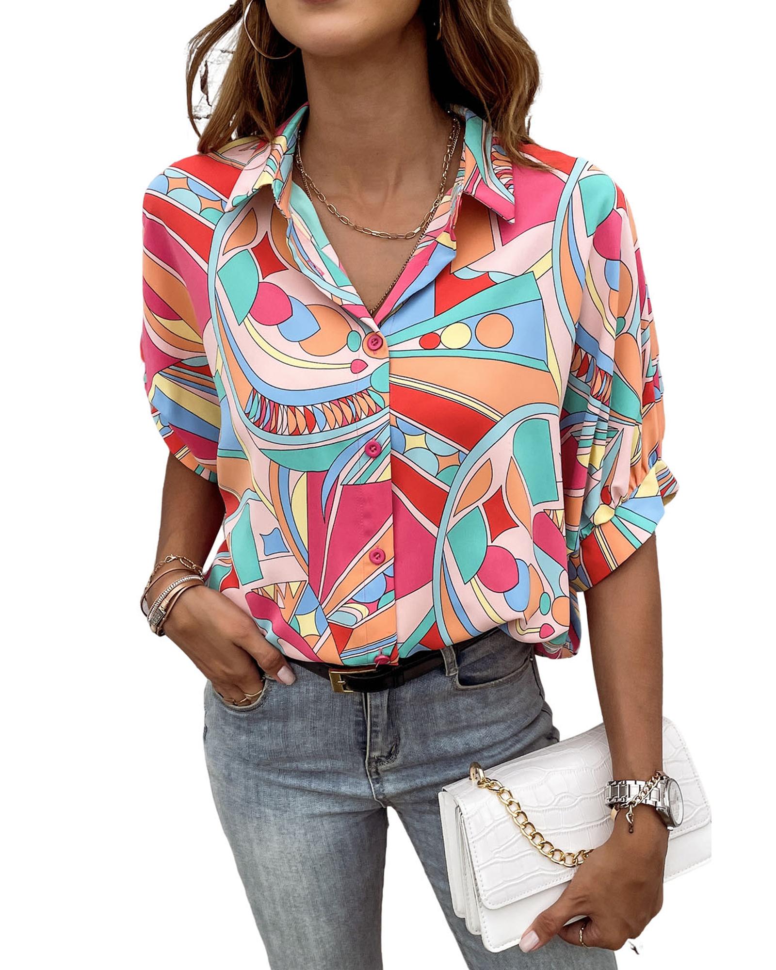 Azura Exchange Abstract Geometry Print Half Puff Sleeve Shirt - XL Secondary image
