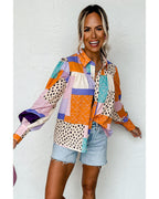 Azura Exchange Button Front Cuffed Sleeve Shirt with Mixed Print - L