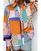Azura Exchange Button Front Cuffed Sleeve Shirt with Mixed Print - L