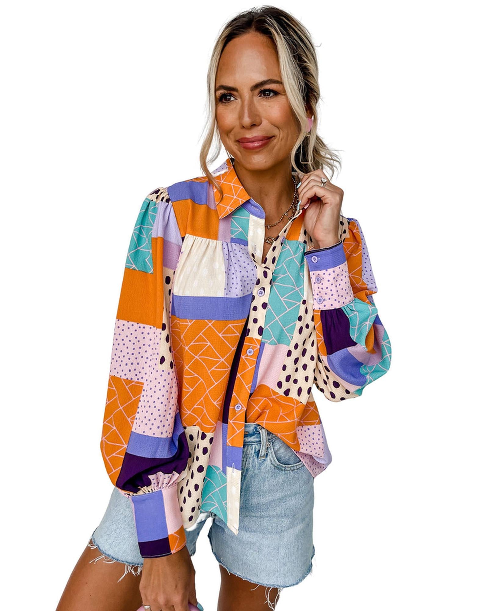 Azura Exchange Button Front Cuffed Sleeve Shirt with Mixed Print - L