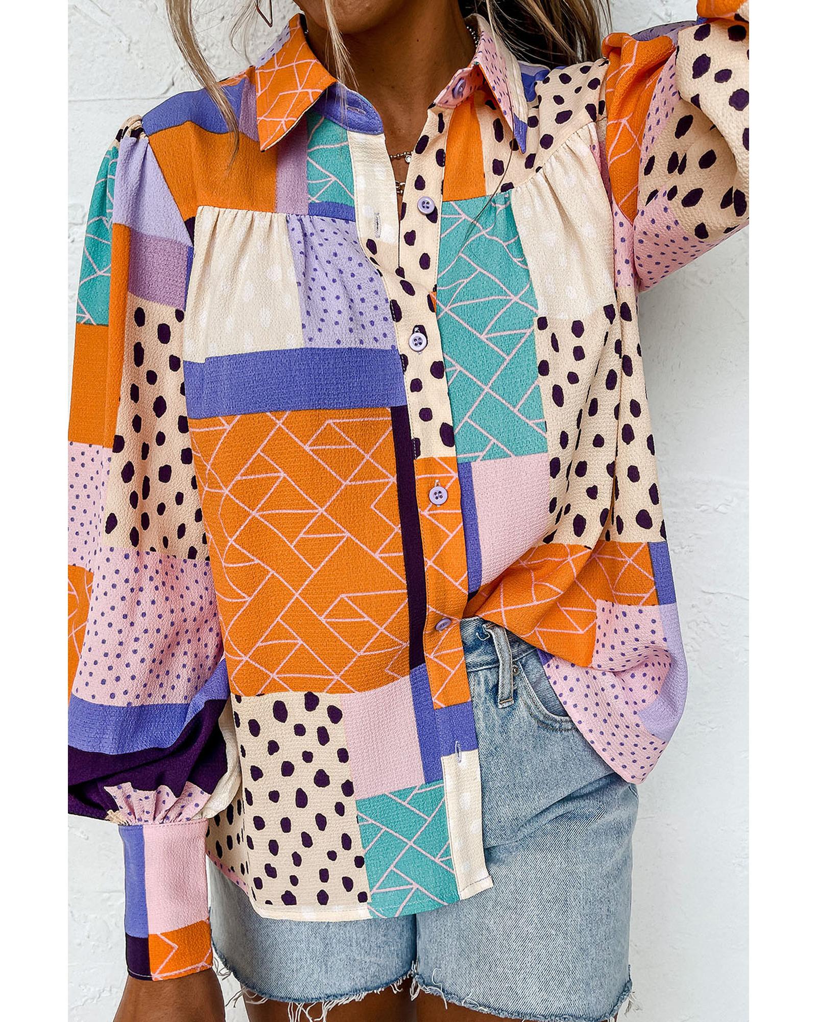 Azura Exchange Button Front Cuffed Sleeve Shirt with Mixed Print - L