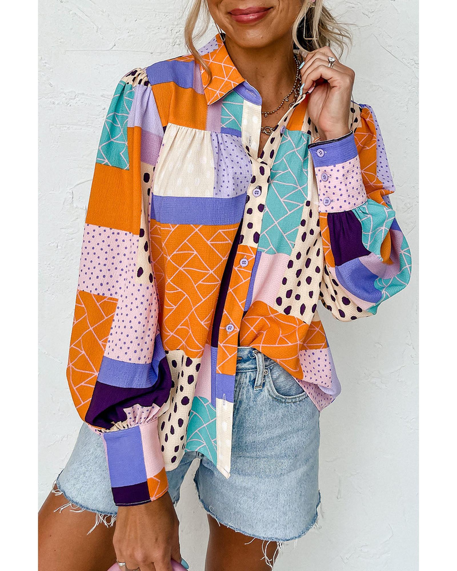 Azura Exchange Button Front Cuffed Sleeve Shirt with Mixed Print - M Main image