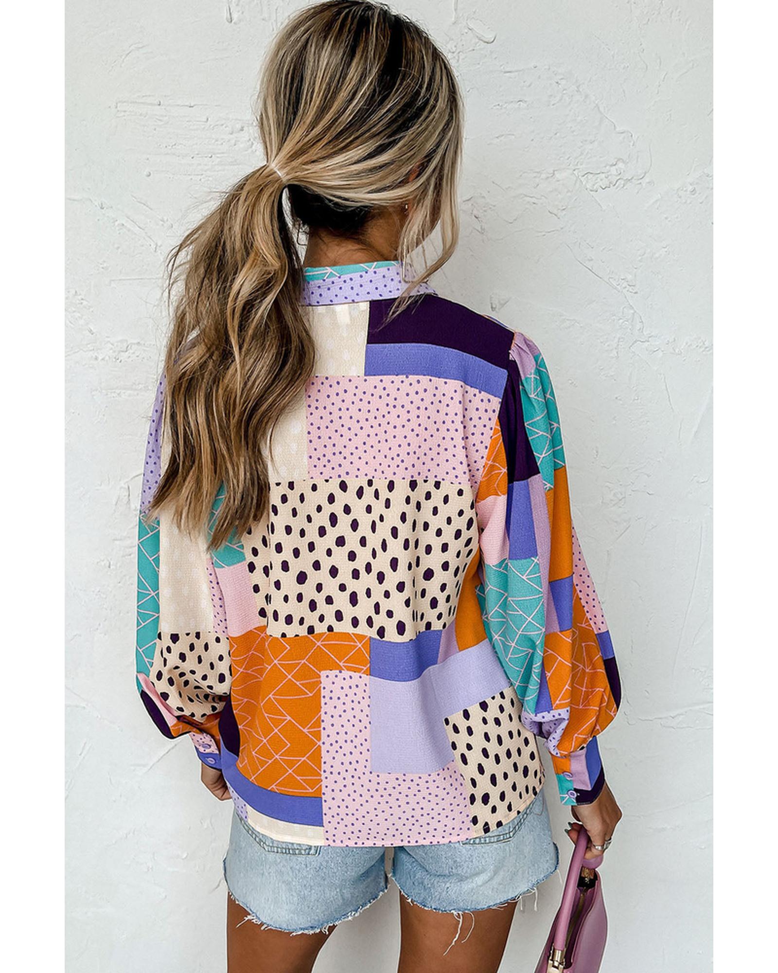 Azura Exchange Button Front Cuffed Sleeve Shirt with Mixed Print - M Secondary image