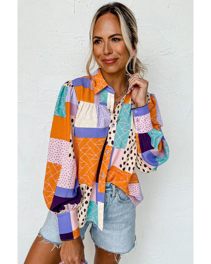 Azura Exchange Button Front Cuffed Sleeve Shirt with Mixed Print - M