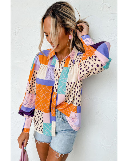 Azura Exchange Button Front Cuffed Sleeve Shirt with Mixed Print - M
