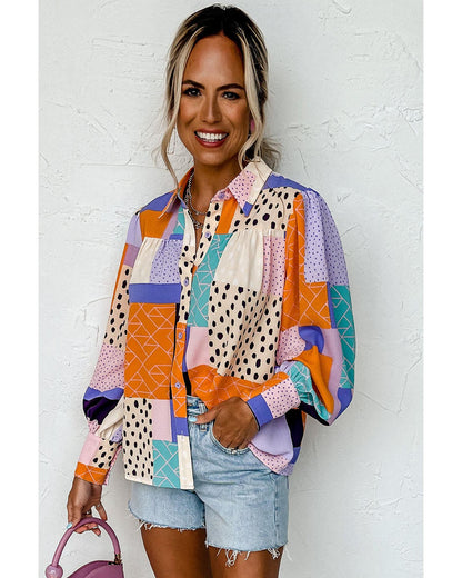 Azura Exchange Button Front Cuffed Sleeve Shirt with Mixed Print - M