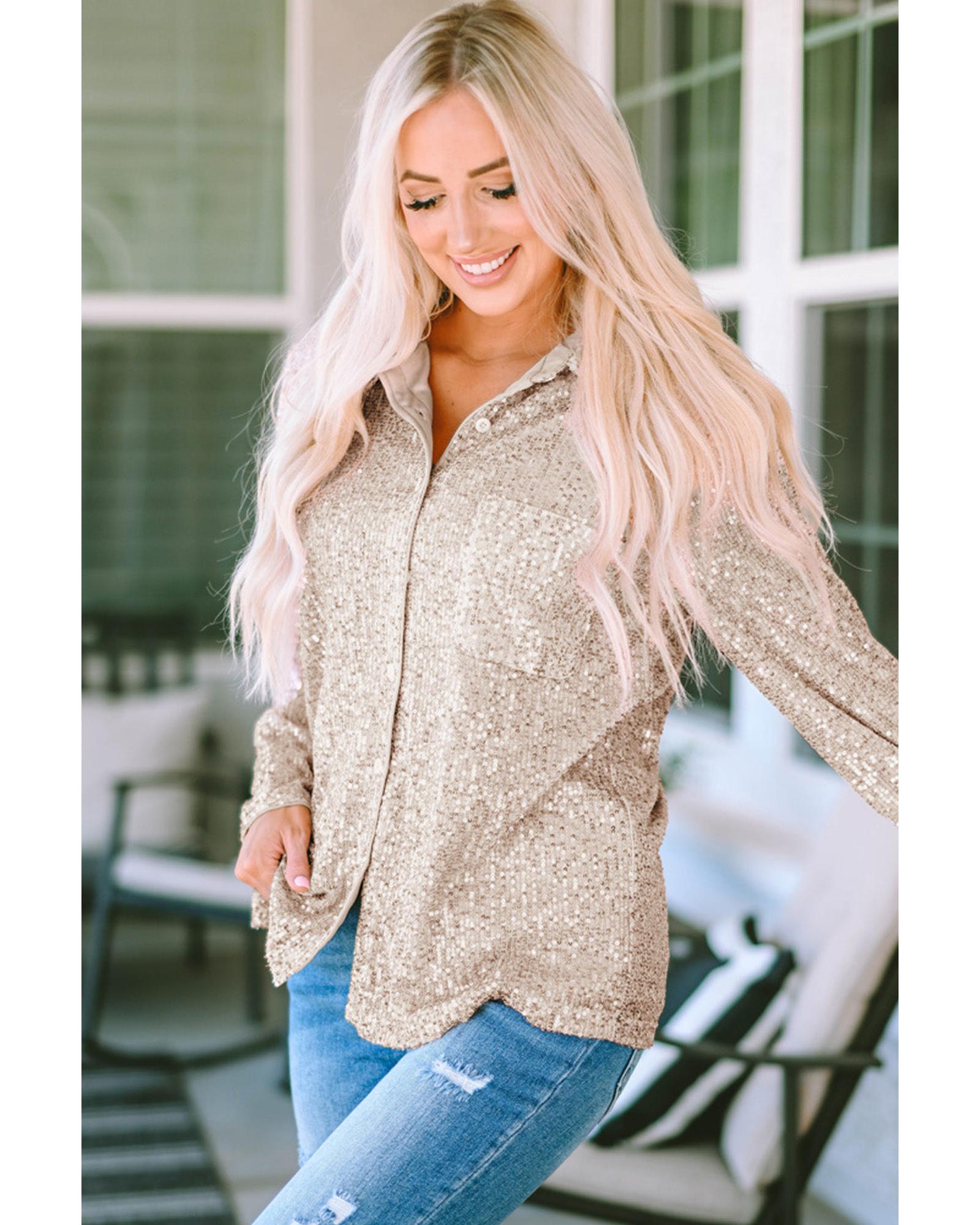 Azura Exchange Sequin Collared Bust Pocket Buttoned Shirt - L Main image