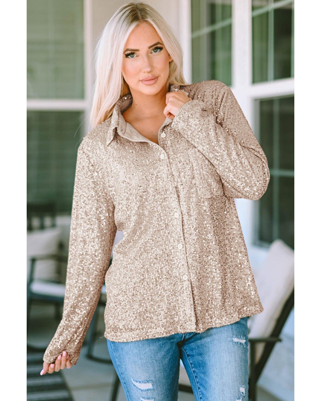 Azura Exchange Sequin Collared Bust Pocket Buttoned Shirt - M