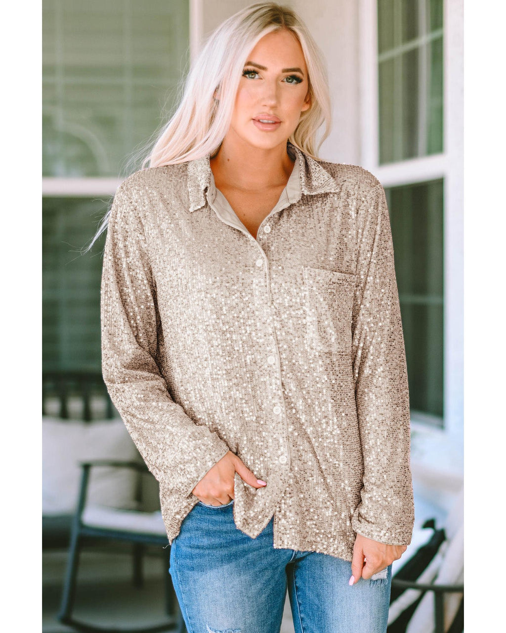 Azura Exchange Sequin Collared Bust Pocket Buttoned Shirt - M