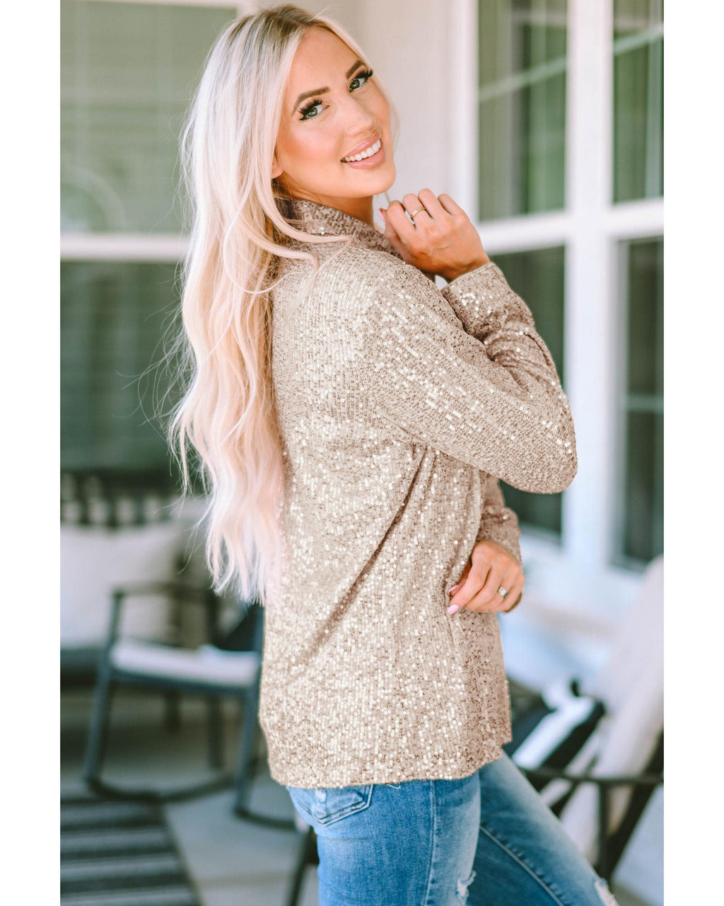 Azura Exchange Sequin Collared Bust Pocket Buttoned Shirt - M