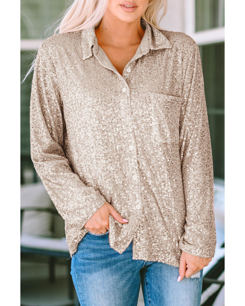 Azura Exchange Sequin Collared Bust Pocket Buttoned Shirt - M