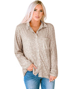 Azura Exchange Sequin Collared Bust Pocket Buttoned Shirt - M
