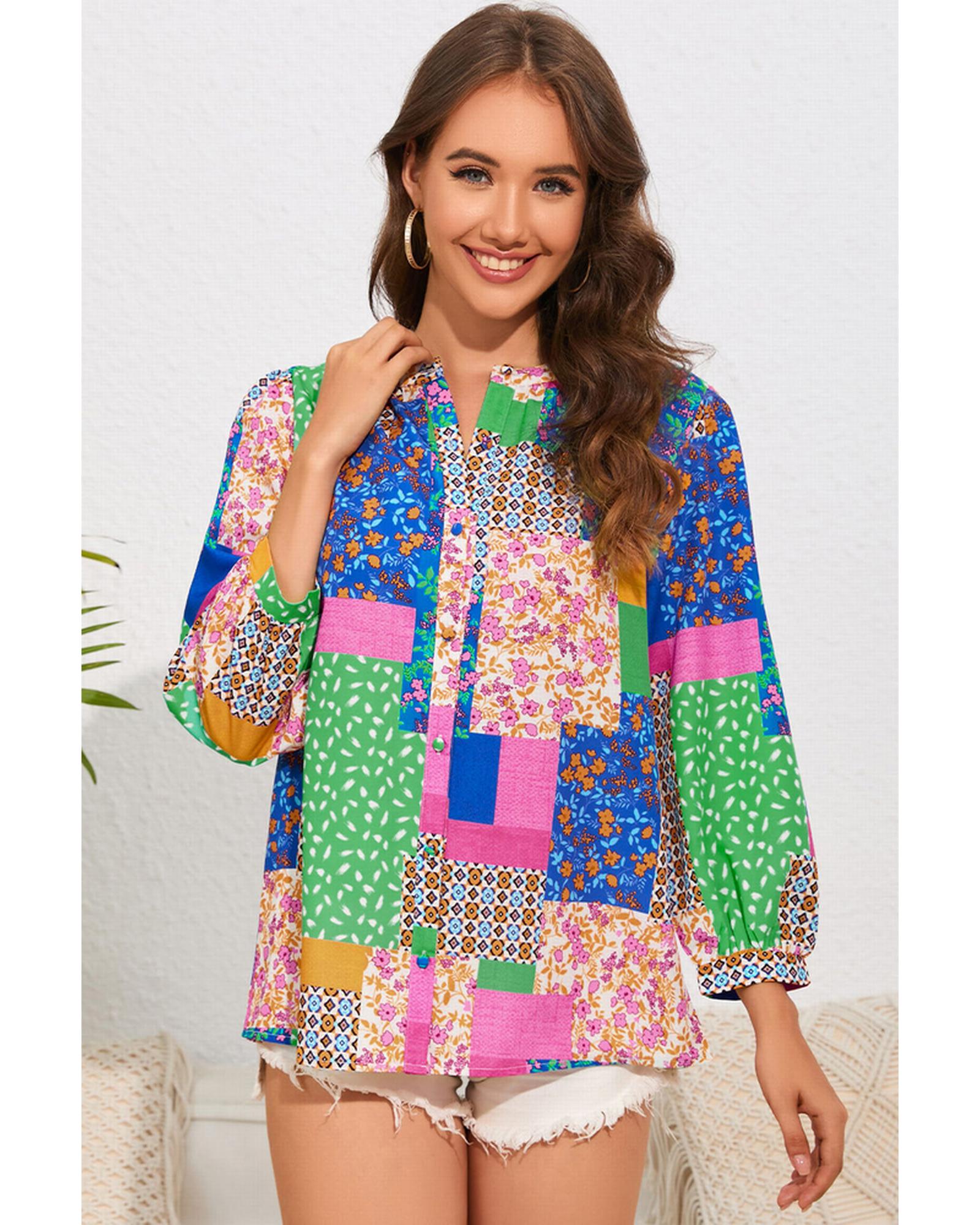 Azura Exchange Floral Patchwork Print Puff Sleeve Shirt - M Main image