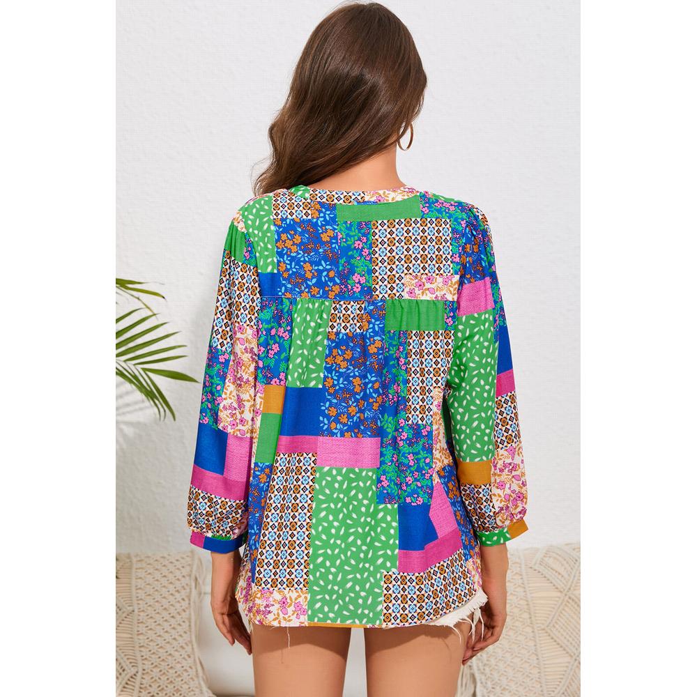 Azura Exchange Floral Patchwork Print Puff Sleeve Shirt - XL Secondary image