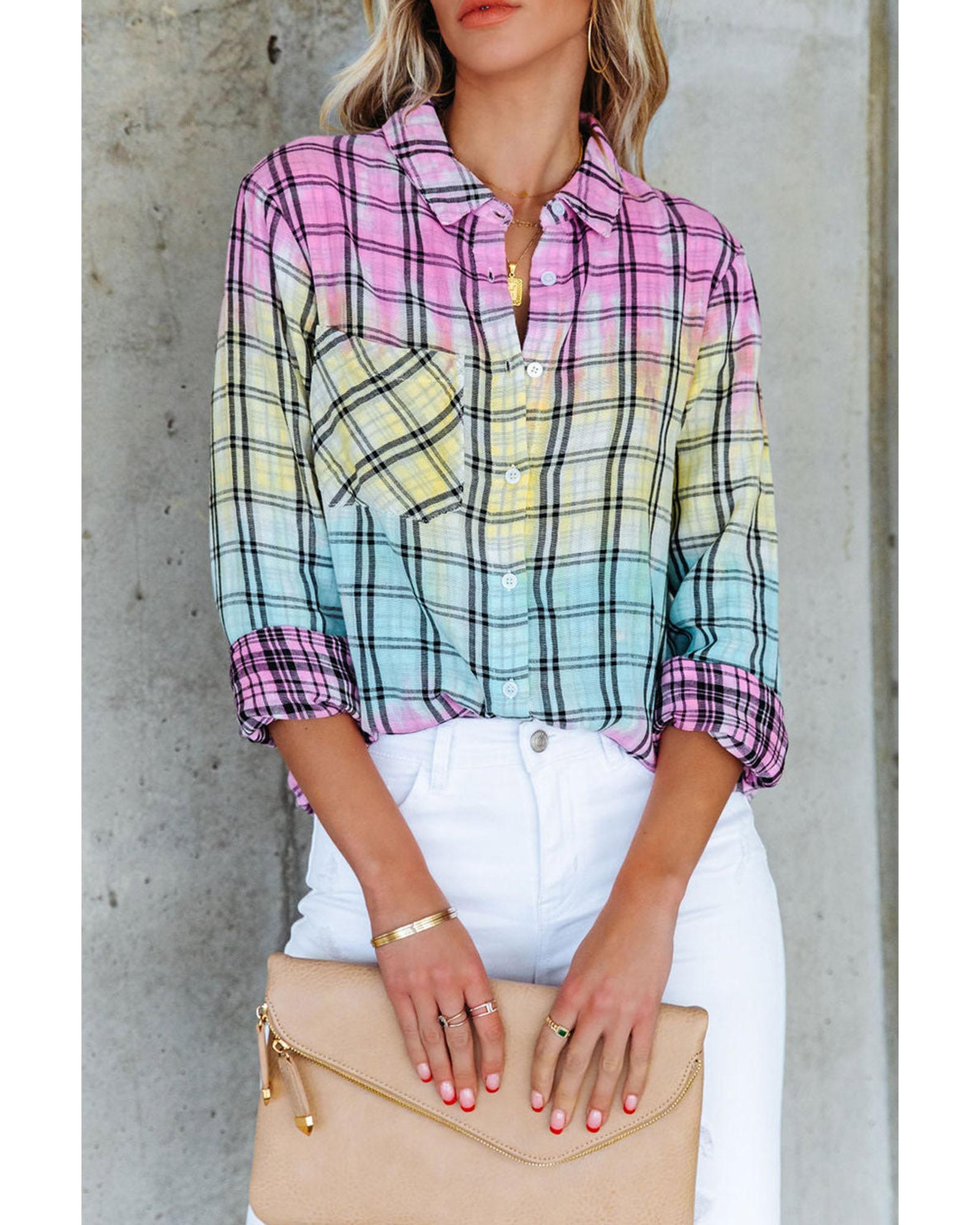 Azura Exchange Vibrant Tie Dye Plaid Button Up Shirt - M Main image