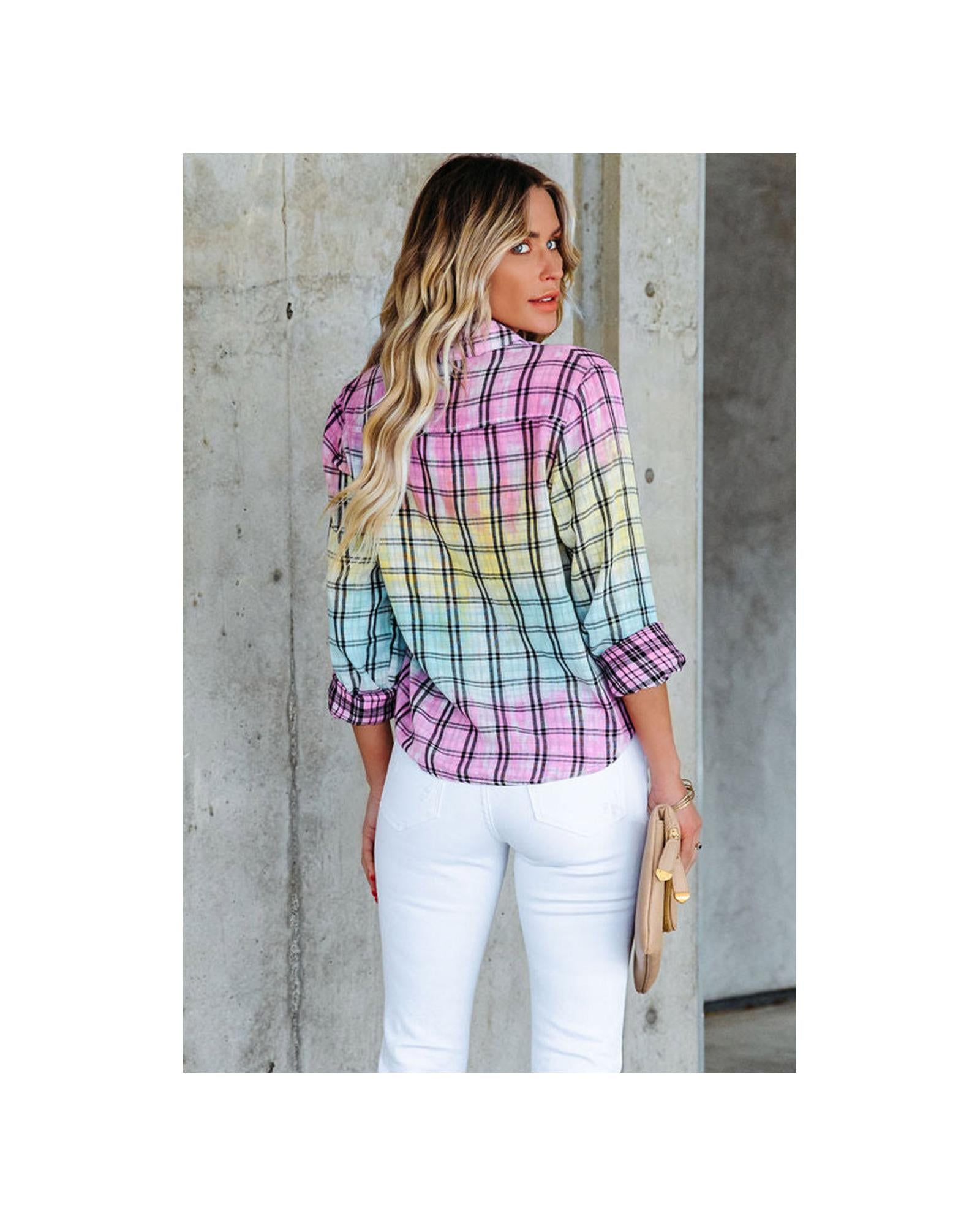 Azura Exchange Vibrant Tie Dye Plaid Button Up Shirt - S Secondary image