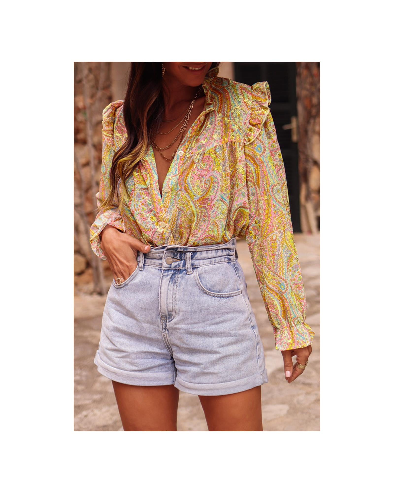 Azura Exchange Paisley Print Ruffled Trim Boho Shirt - M Main image
