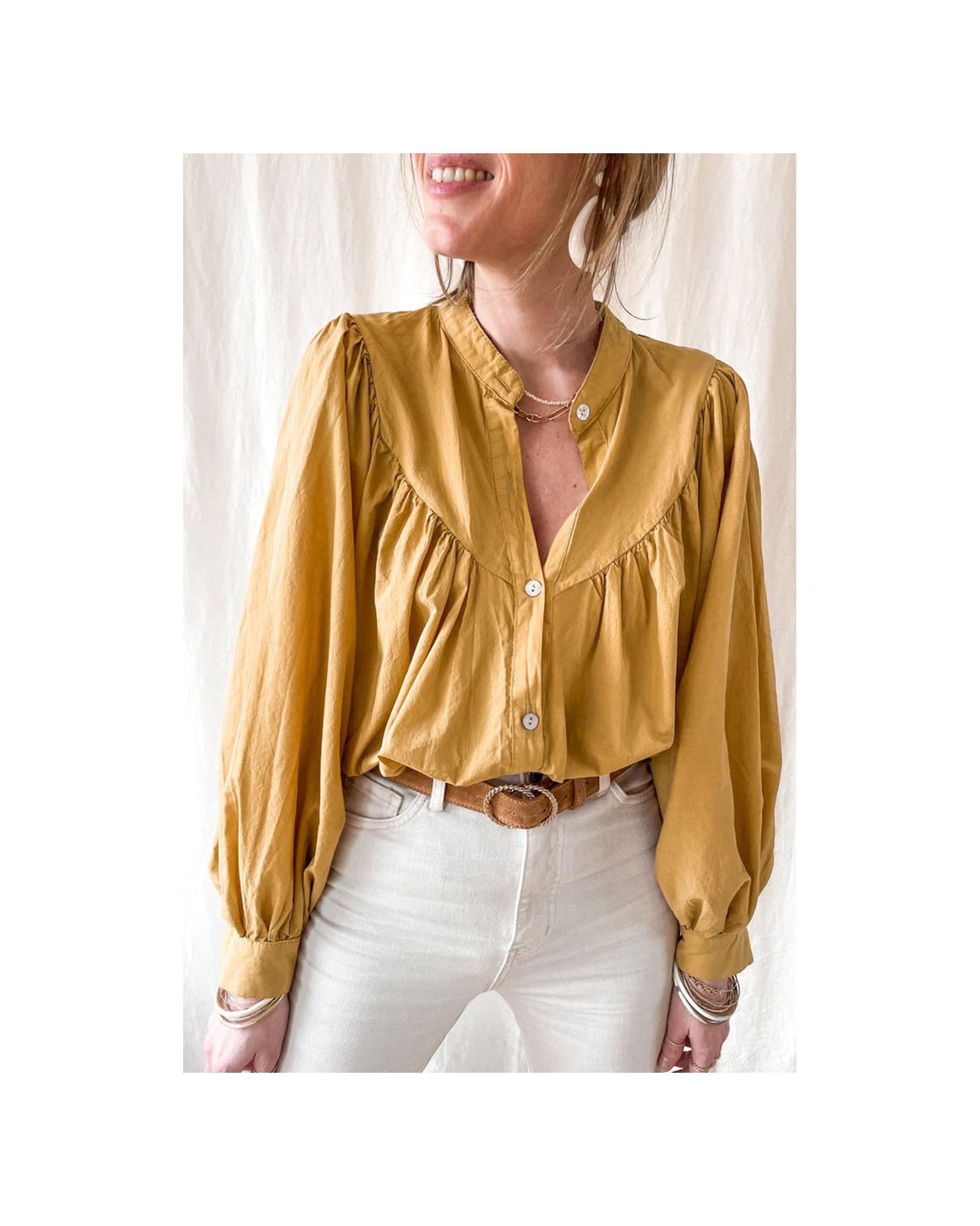 Azura Exchange Pleated Yellow Puff Sleeve Loose Shirt - L Main image
