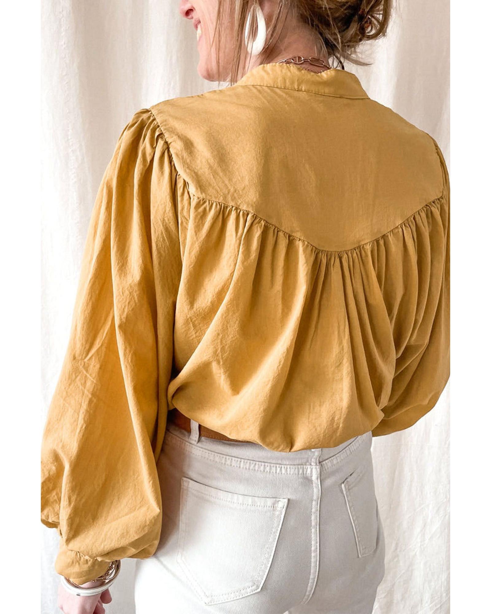 Azura Exchange Pleated Yellow Puff Sleeve Loose Shirt - L Secondary image
