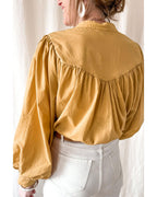 Azura Exchange Pleated Yellow Puff Sleeve Loose Shirt - L