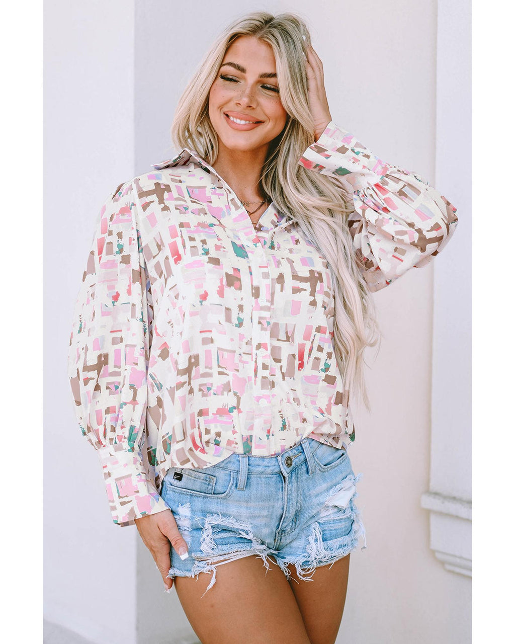 Azura Exchange Abstract Print Lantern Sleeve Casual Shirt - L