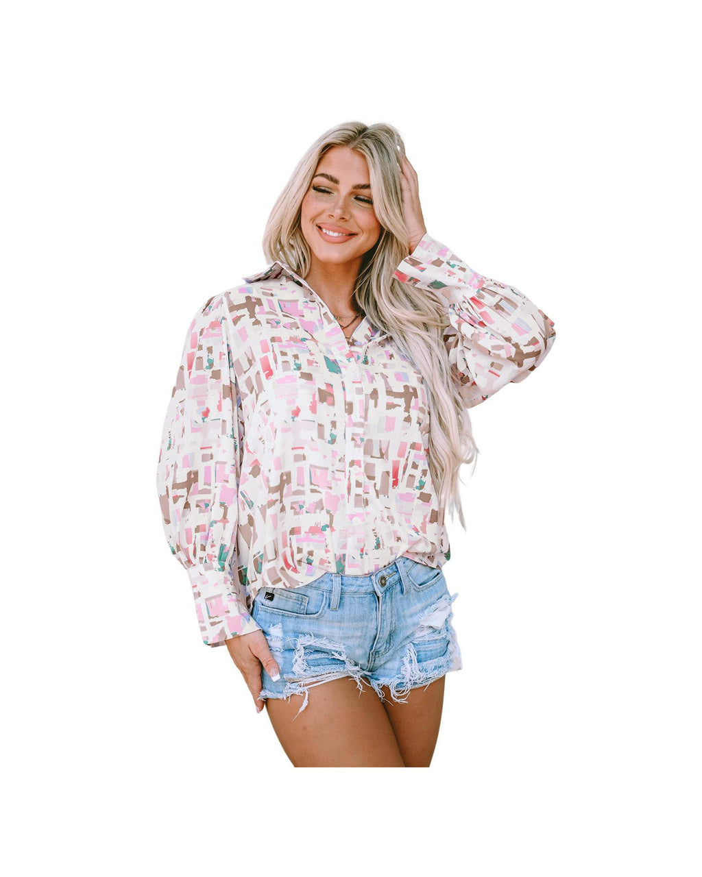 Azura Exchange Abstract Print Lantern Sleeve Casual Shirt - L