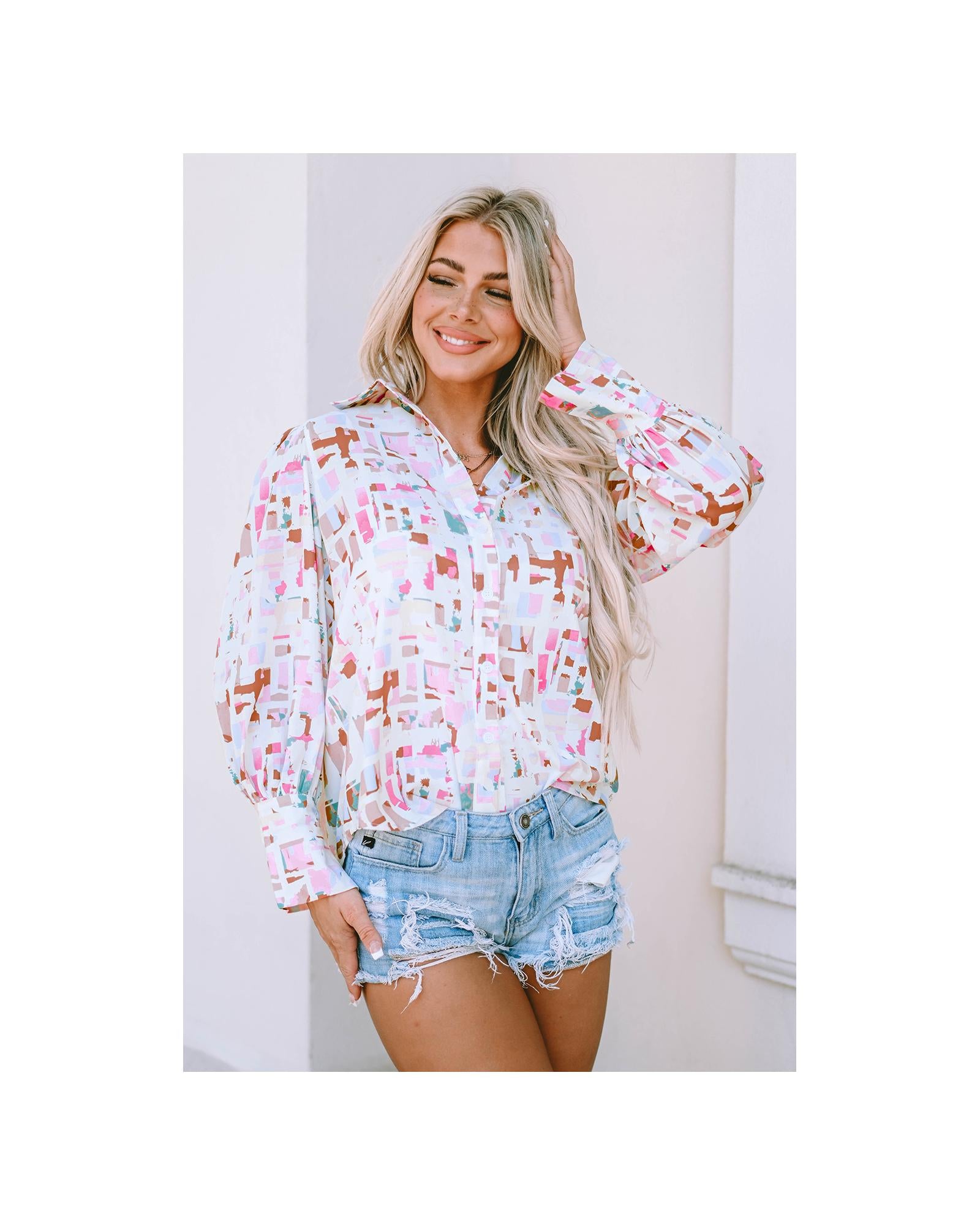 Azura Exchange Abstract Print Lantern Sleeve Casual Shirt - L