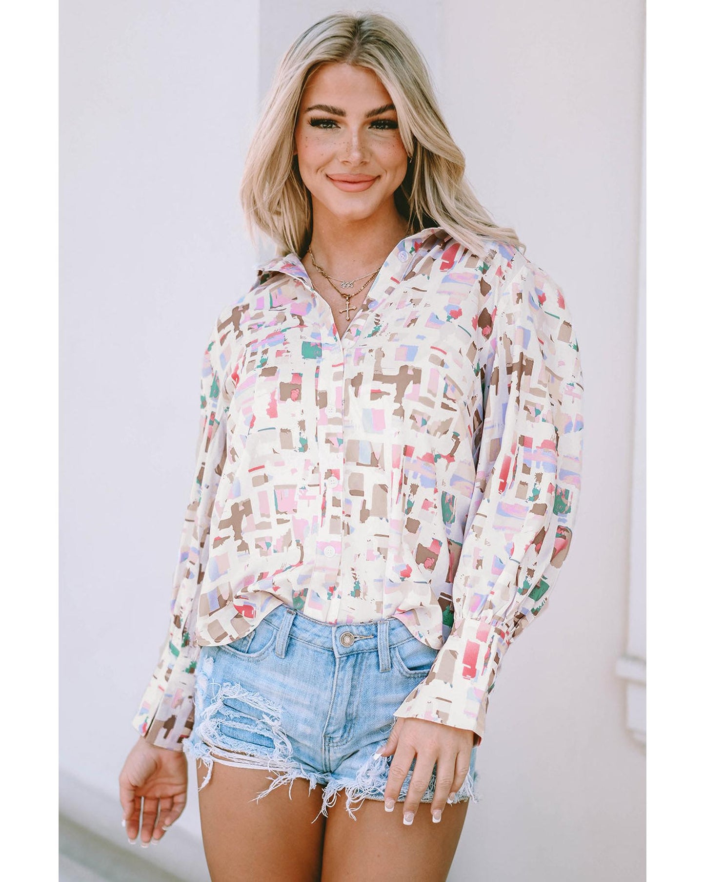 Azura Exchange Abstract Print Lantern Sleeve Casual Shirt - M